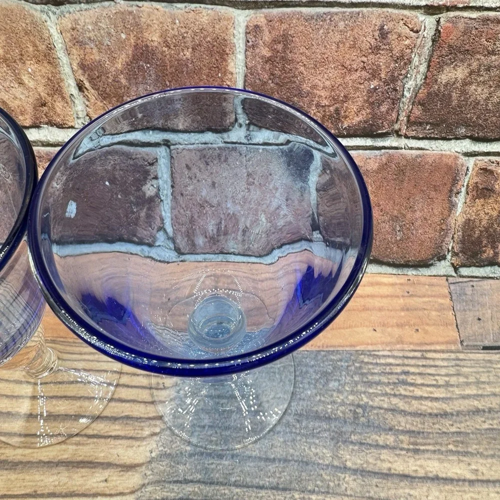 2 Cobalt Blue Goblets Bell Shaped Hand Blown Glasses Clear Ball Stem Vintage MCM